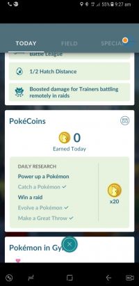 Úkoly za PokéCoiny v TODAY záložce